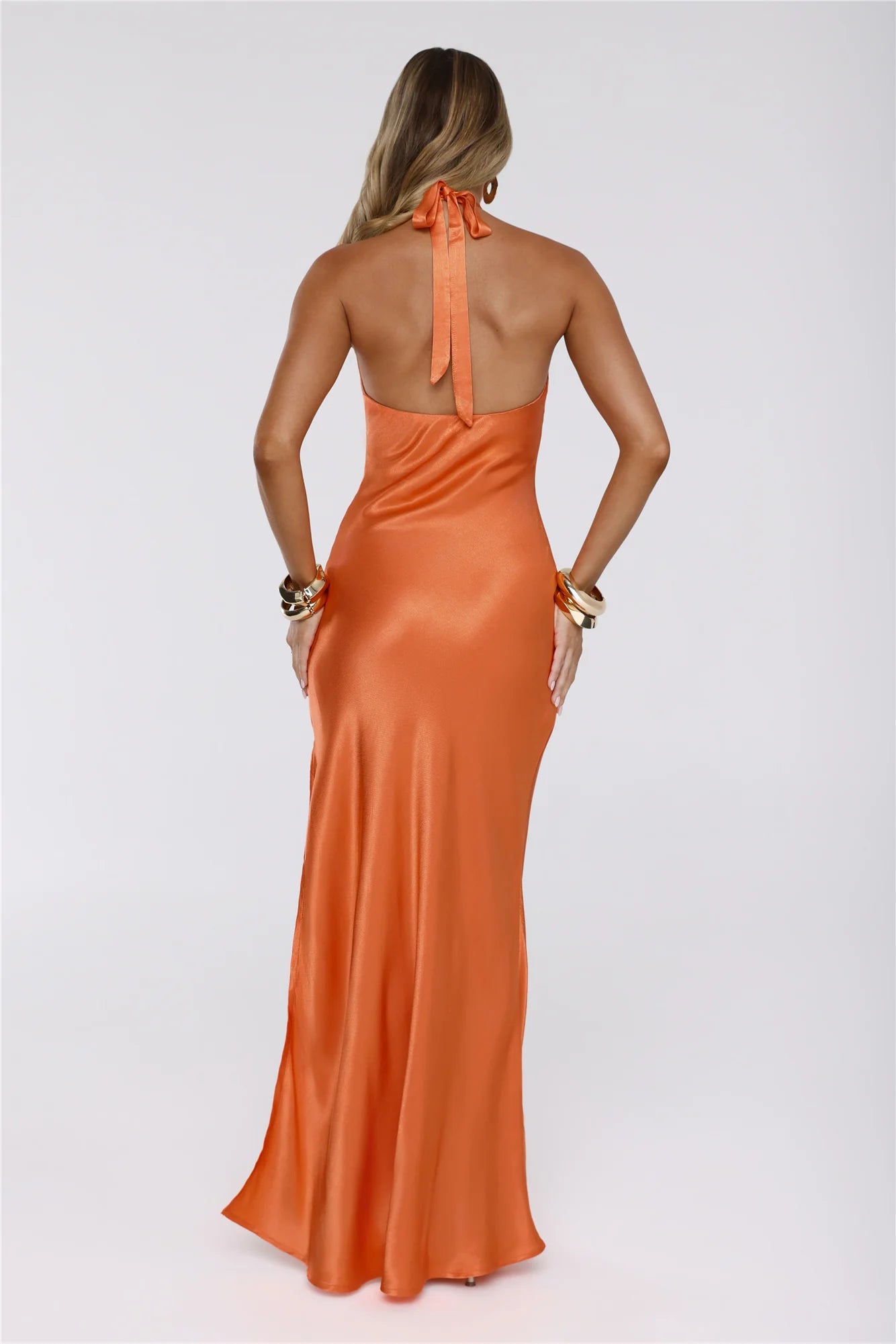 Mermaid Halter Sleeveless Satin Floor-Length Keyhole Open-Back Bridesmaid Dress