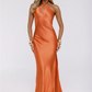 Mermaid Halter Sleeveless Satin Floor-Length Keyhole Open-Back Bridesmaid Dress