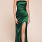 Mermaid Halter Strapless Neck Satin Maxi Evening Dress With Slit And Lace-Up Back
