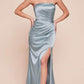 Mermaid Halter Strapless Neck Satin Maxi Evening Dress With Slit And Lace-Up Back