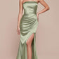 Mermaid Halter Strapless Neck Satin Maxi Evening Dress With Slit And Lace-Up Back