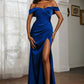 Mermaid Off-Shoulder Short-Sleeve Satin Floor-Length Ruched Slit Prom Dress
