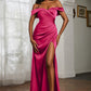 Mermaid Off-Shoulder Short-Sleeve Satin Floor-Length Ruched Slit Prom Dress