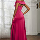 Mermaid Off-Shoulder Short-Sleeve Satin Floor-Length Ruched Slit Prom Dress