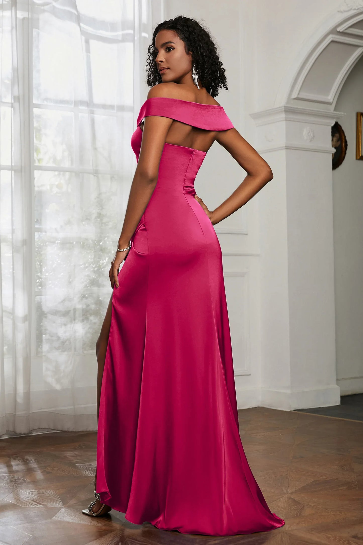 Mermaid Off-Shoulder Short-Sleeve Satin Floor-Length Ruched Slit Prom Dress