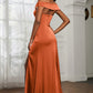 Mermaid Off-Shoulder Short-Sleeve Satin Floor-Length Ruched Slit Prom Dress