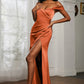 Mermaid Off-Shoulder Short-Sleeve Satin Floor-Length Ruched Slit Prom Dress