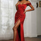 Mermaid Off-Shoulder Short-Sleeve Satin Floor-Length Ruched Slit Prom Dress