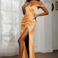 Mermaid Off-Shoulder Short-Sleeve Satin Floor-Length Ruched Slit Prom Dress