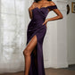 Mermaid Off-Shoulder Short-Sleeve Satin Floor-Length Ruched Slit Prom Dress