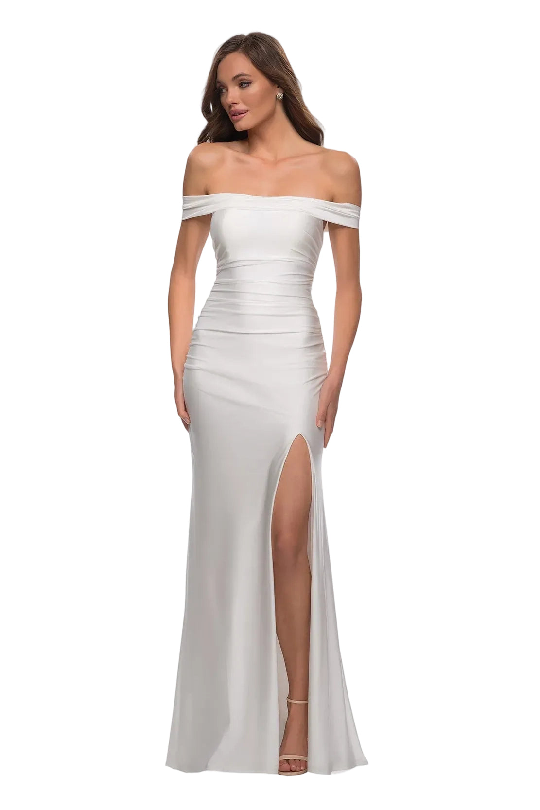 Mermaid OffShoulder ShortSleeve Satin Maxi Slit Prom Dress