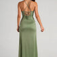 Mermaid Straight Neck Spaghetti-Strap Satin Floor-Length Ruched Slit Bridesmaid Dress