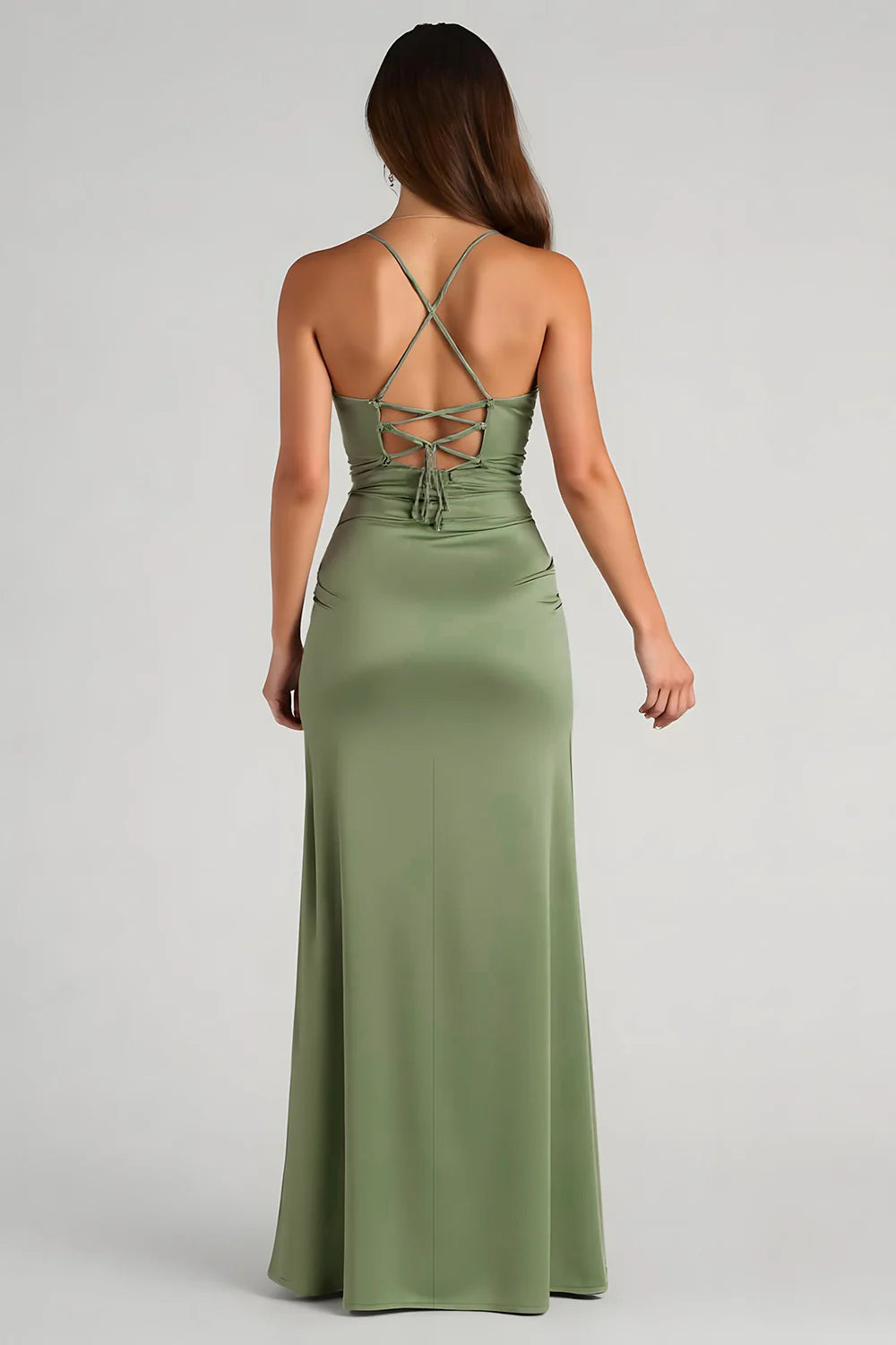 Mermaid Straight Neck Spaghetti-Strap Satin Floor-Length Ruched Slit Bridesmaid Dress