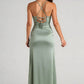 Mermaid Straight Neck Spaghetti-Strap Satin Floor-Length Ruched Slit Bridesmaid Dress
