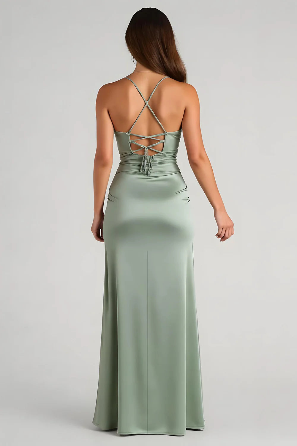 Mermaid Straight Neck Spaghetti-Strap Satin Floor-Length Ruched Slit Bridesmaid Dress