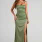 Mermaid Straight Neck Spaghetti-Strap Satin Floor-Length Ruched Slit Bridesmaid Dress