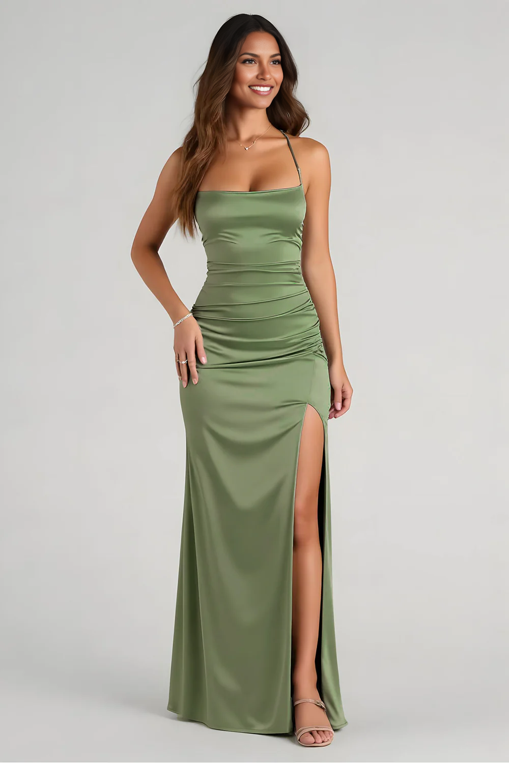 Mermaid Straight Neck Spaghetti-Strap Satin Floor-Length Ruched Slit Bridesmaid Dress