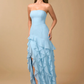 Mermaid Strapless Sleeveless Chiffon Floor-Length Ruffled High-Slit Prom Dress