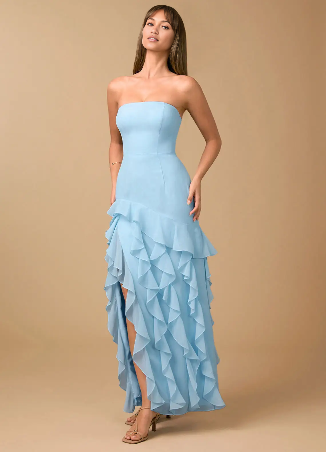 Mermaid Strapless Sleeveless Chiffon Floor-Length Ruffled High-Slit Prom Dress
