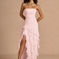 Mermaid Strapless Sleeveless Chiffon Floor-Length Ruffled High-Slit Prom Dress