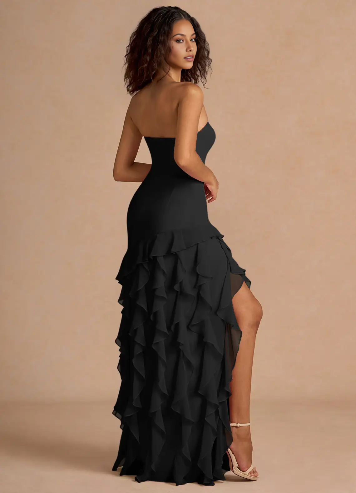 Mermaid Strapless Sleeveless Chiffon Floor-Length Ruffled High-Slit Prom Dress