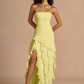 Mermaid Strapless Sleeveless Chiffon Floor-Length Ruffled High-Slit Prom Dress