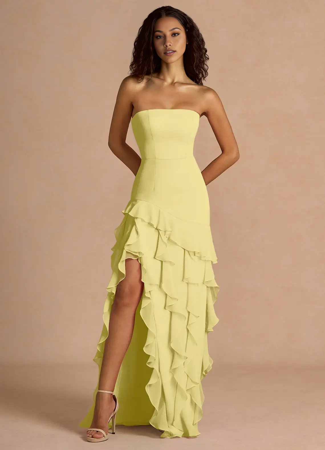 Mermaid Strapless Sleeveless Chiffon Floor-Length Ruffled High-Slit Prom Dress