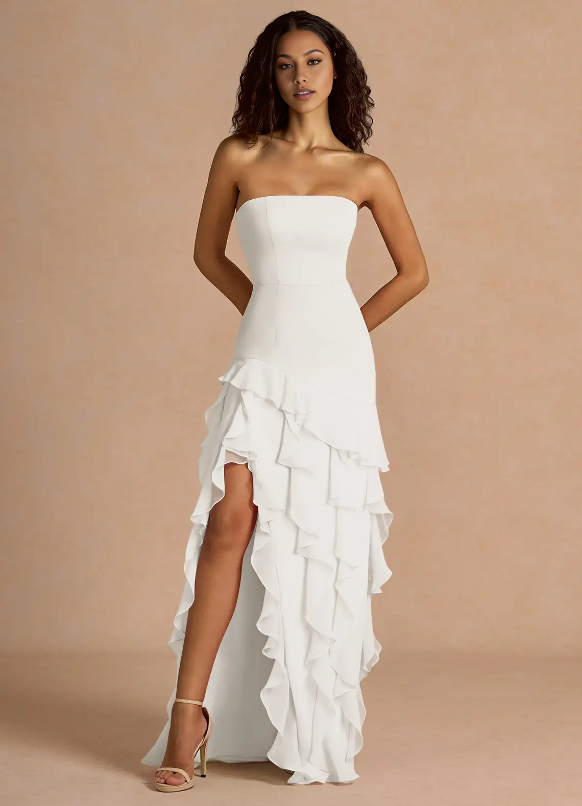 Mermaid Strapless Sleeveless Chiffon Floor-Length Ruffled High-Slit Prom Dress