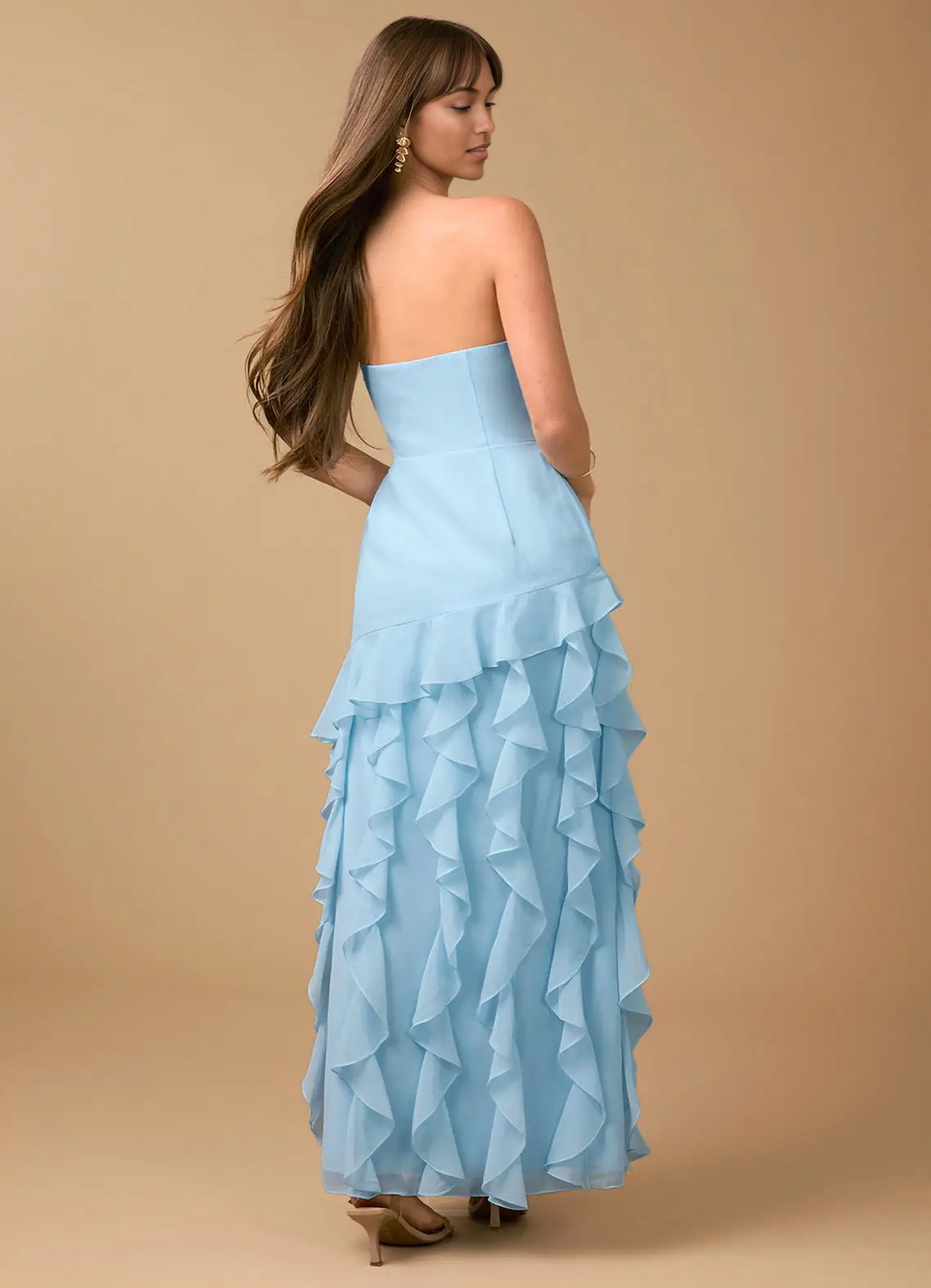 Mermaid Strapless Sleeveless Chiffon Floor-Length Ruffled High-Slit Prom Dress