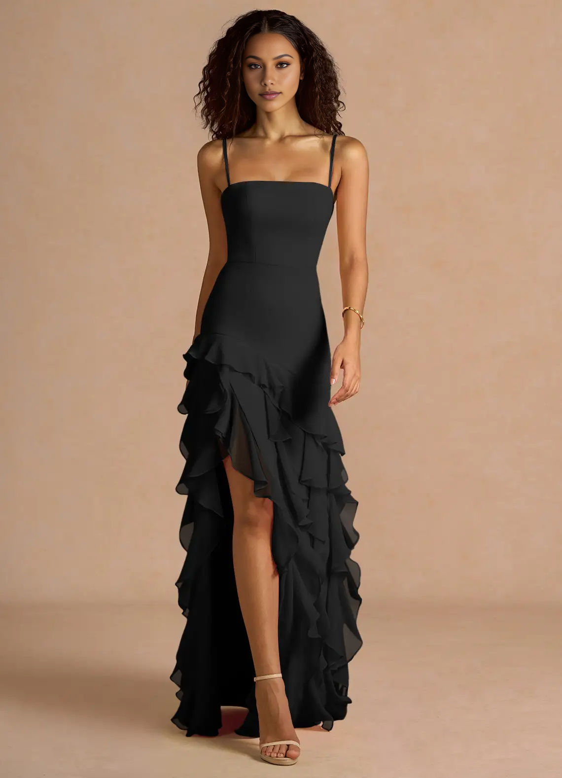 Mermaid Strapless Sleeveless Chiffon Floor-Length Ruffled High-Slit Prom Dress