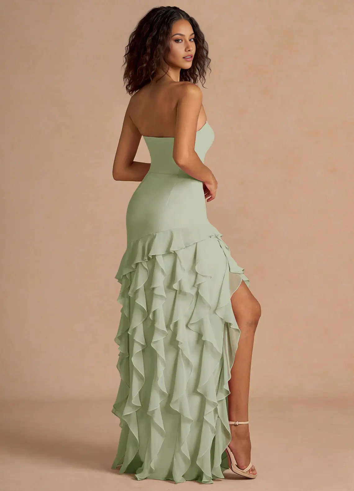 Mermaid Strapless Sleeveless Chiffon Floor-Length Ruffled High-Slit Prom Dress