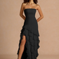 Mermaid Strapless Sleeveless Chiffon Floor-Length Ruffled High-Slit Prom Dress