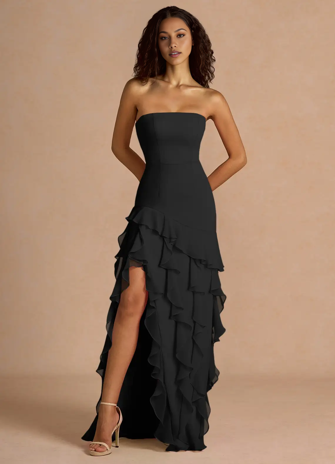 Mermaid Strapless Sleeveless Chiffon Floor-Length Ruffled High-Slit Prom Dress