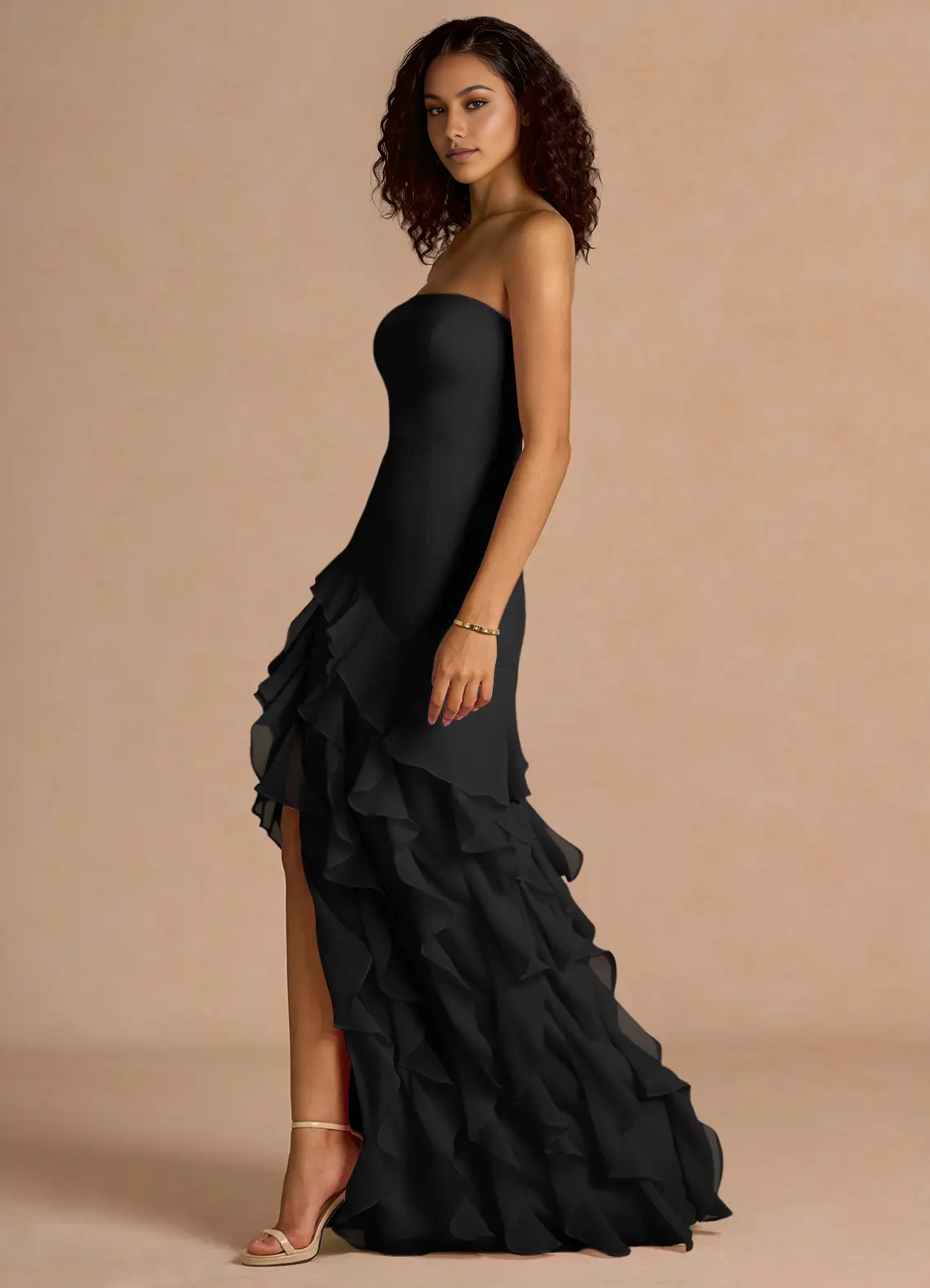 Mermaid Strapless Sleeveless Chiffon Floor-Length Ruffled High-Slit Prom Dress