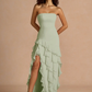 Mermaid Strapless Sleeveless Chiffon Floor-Length Ruffled High-Slit Prom Dress