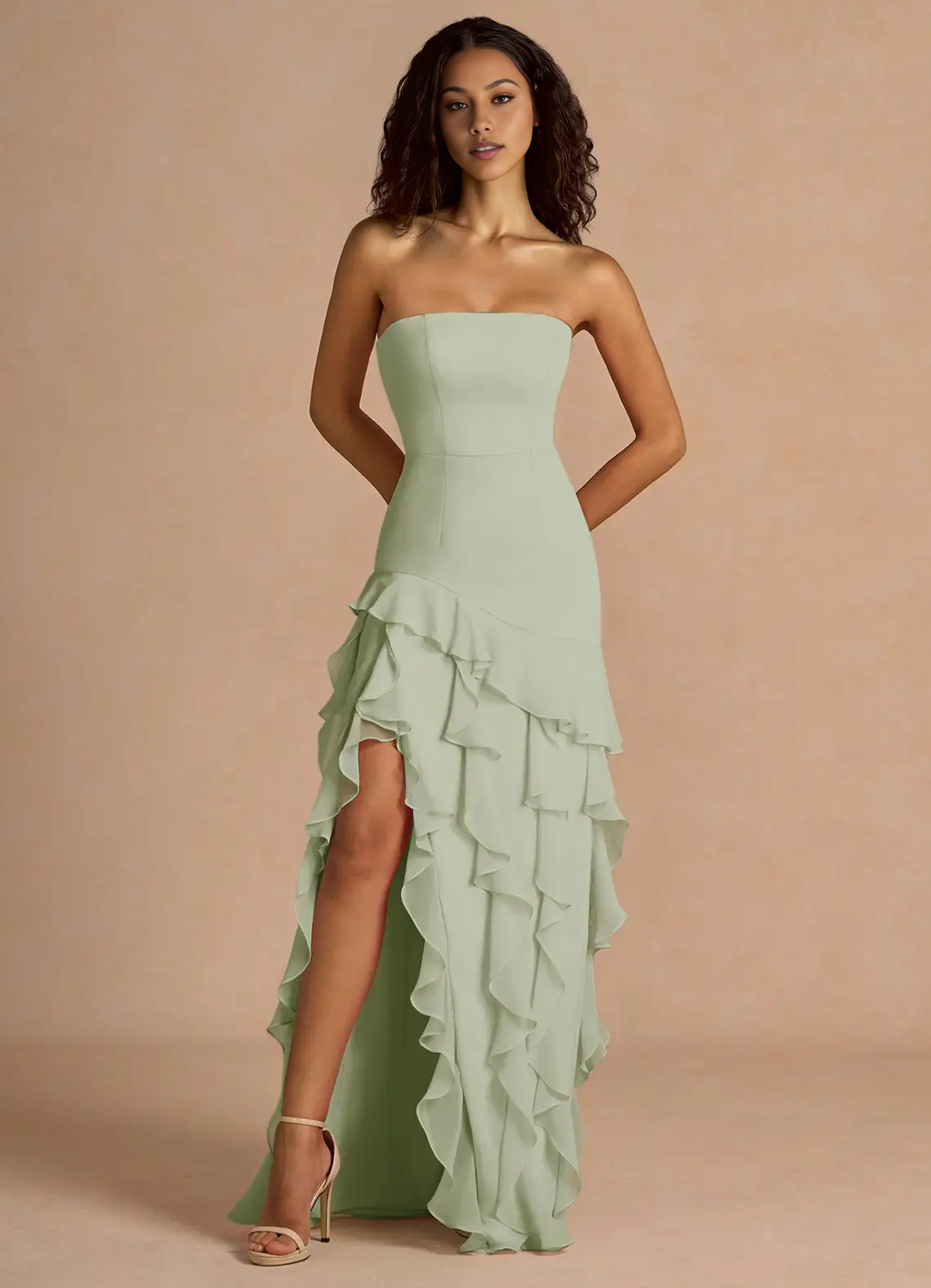 Mermaid Strapless Sleeveless Chiffon Floor-Length Ruffled High-Slit Prom Dress