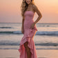 Mermaid Strapless Sleeveless Satin Asymmetrical Ruffled Corset Lace-Up Evening Dress