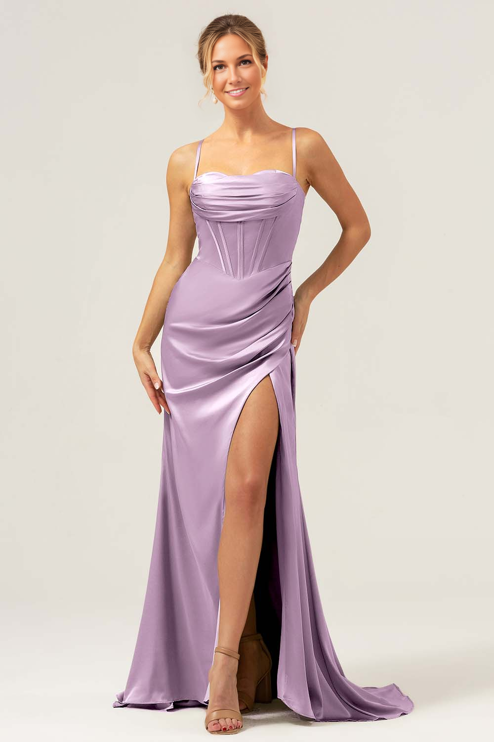 Mermaid Sweetheart Spaghetti-Strap Satin Floor-Length Corset Slit Bridesmaid Dress