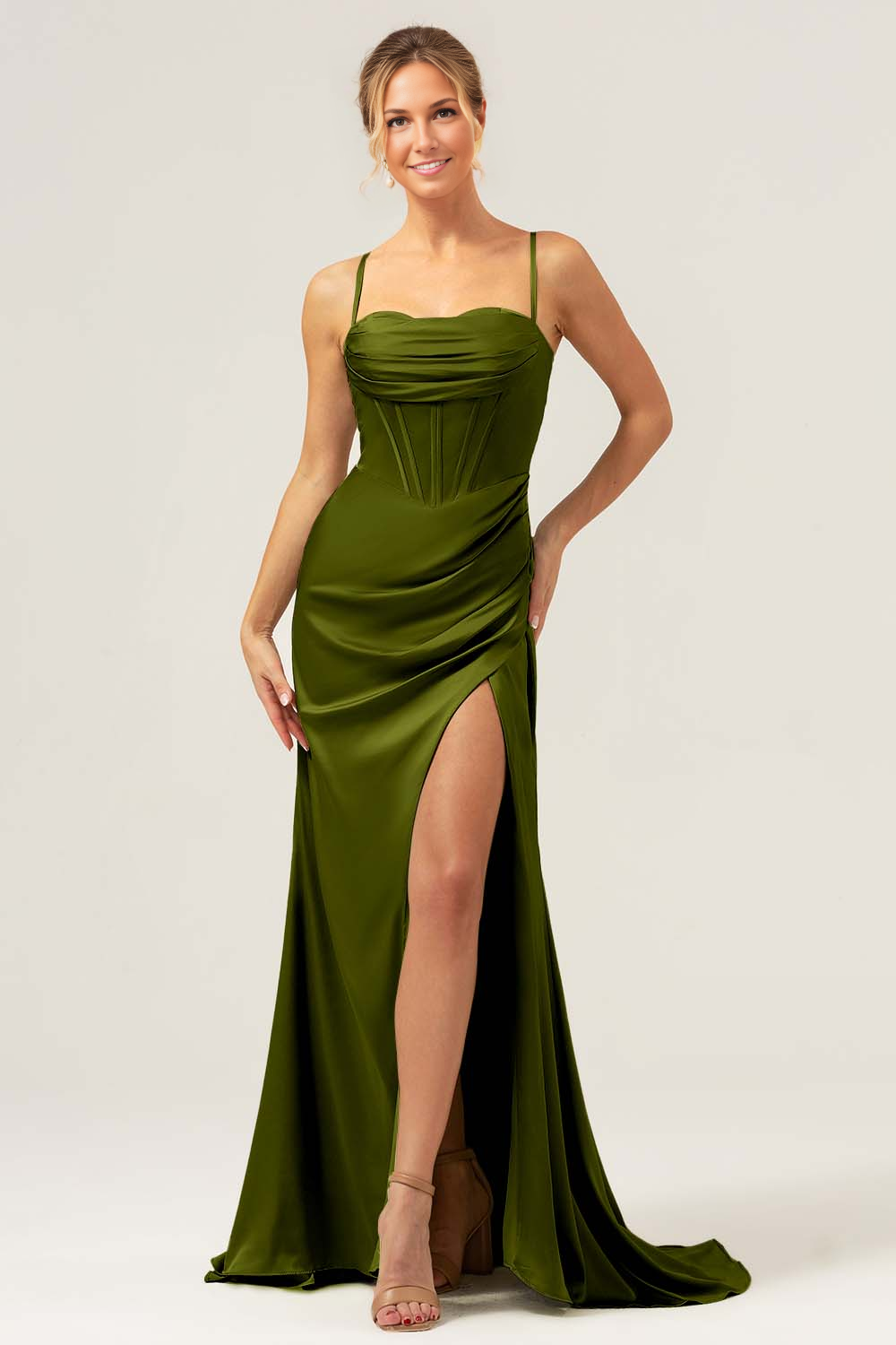 Mermaid Sweetheart Spaghetti-Strap Satin Floor-Length Corset Slit Bridesmaid Dress