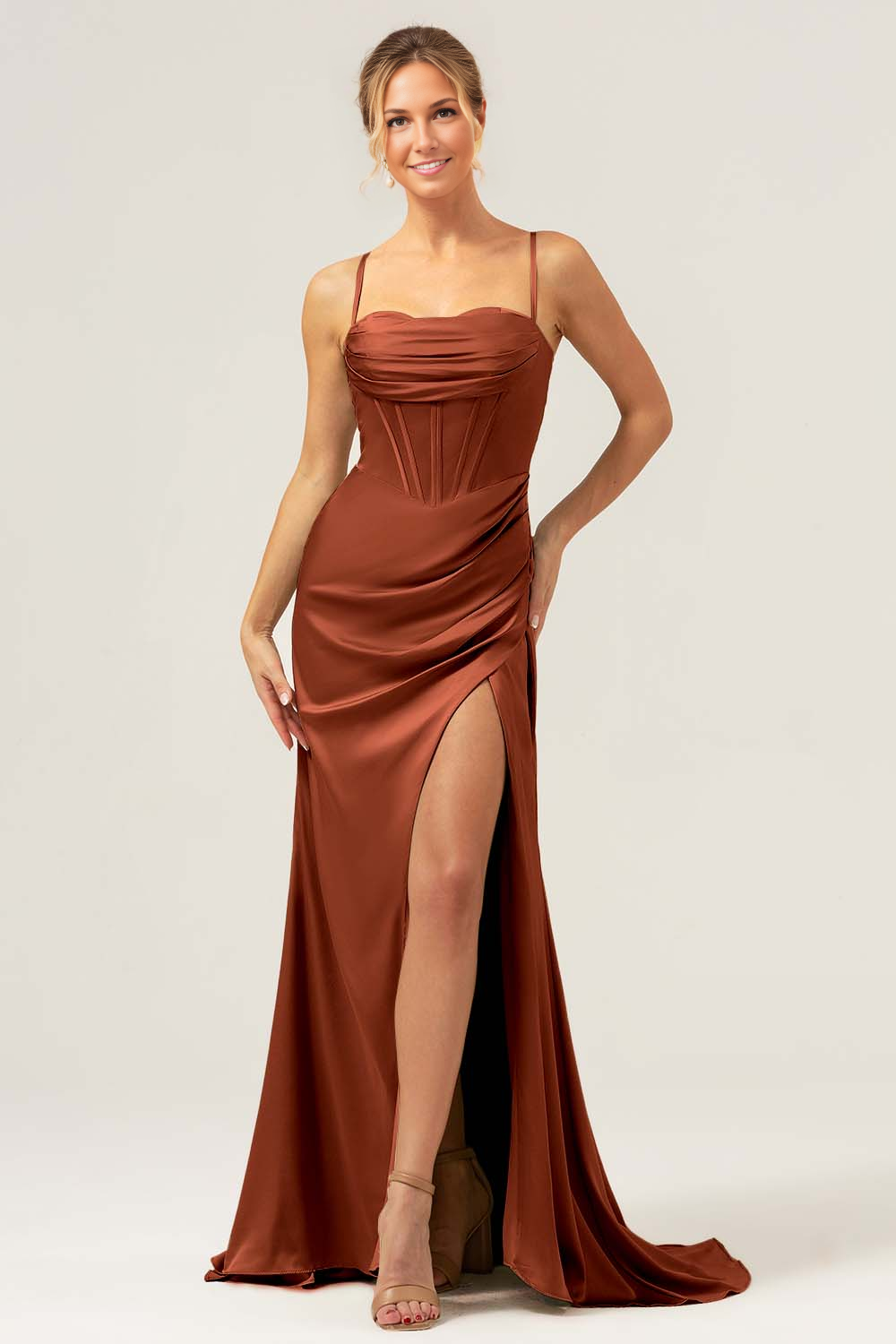 Mermaid Sweetheart Spaghetti-Strap Satin Floor-Length Corset Slit Bridesmaid Dress