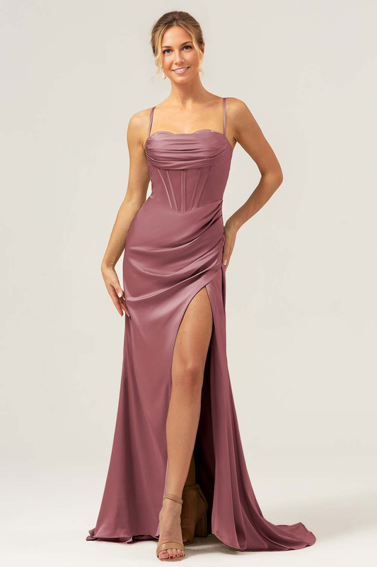 Mermaid Sweetheart Spaghetti-Strap Satin Floor-Length Corset Slit Bridesmaid Dress