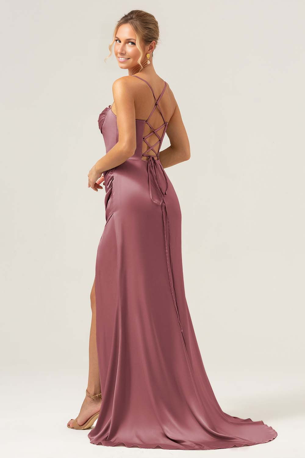 Mermaid Sweetheart Spaghetti-Strap Satin Floor-Length Corset Slit Bridesmaid Dress