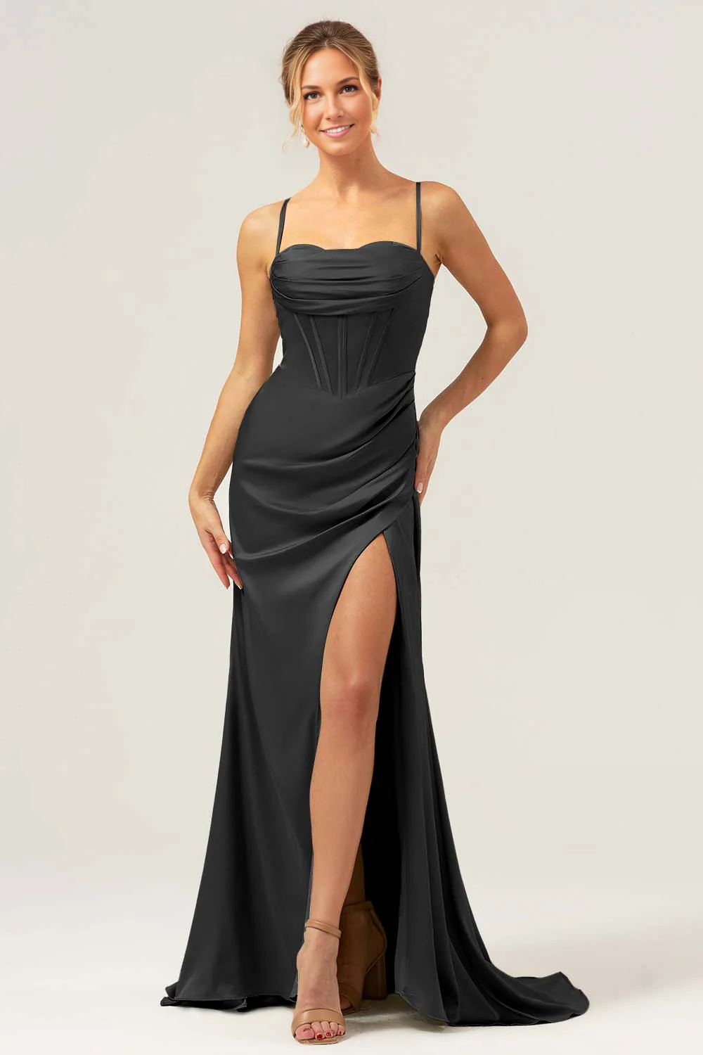 Mermaid Sweetheart Spaghetti-Strap Satin Floor-Length Corset Slit Bridesmaid Dress