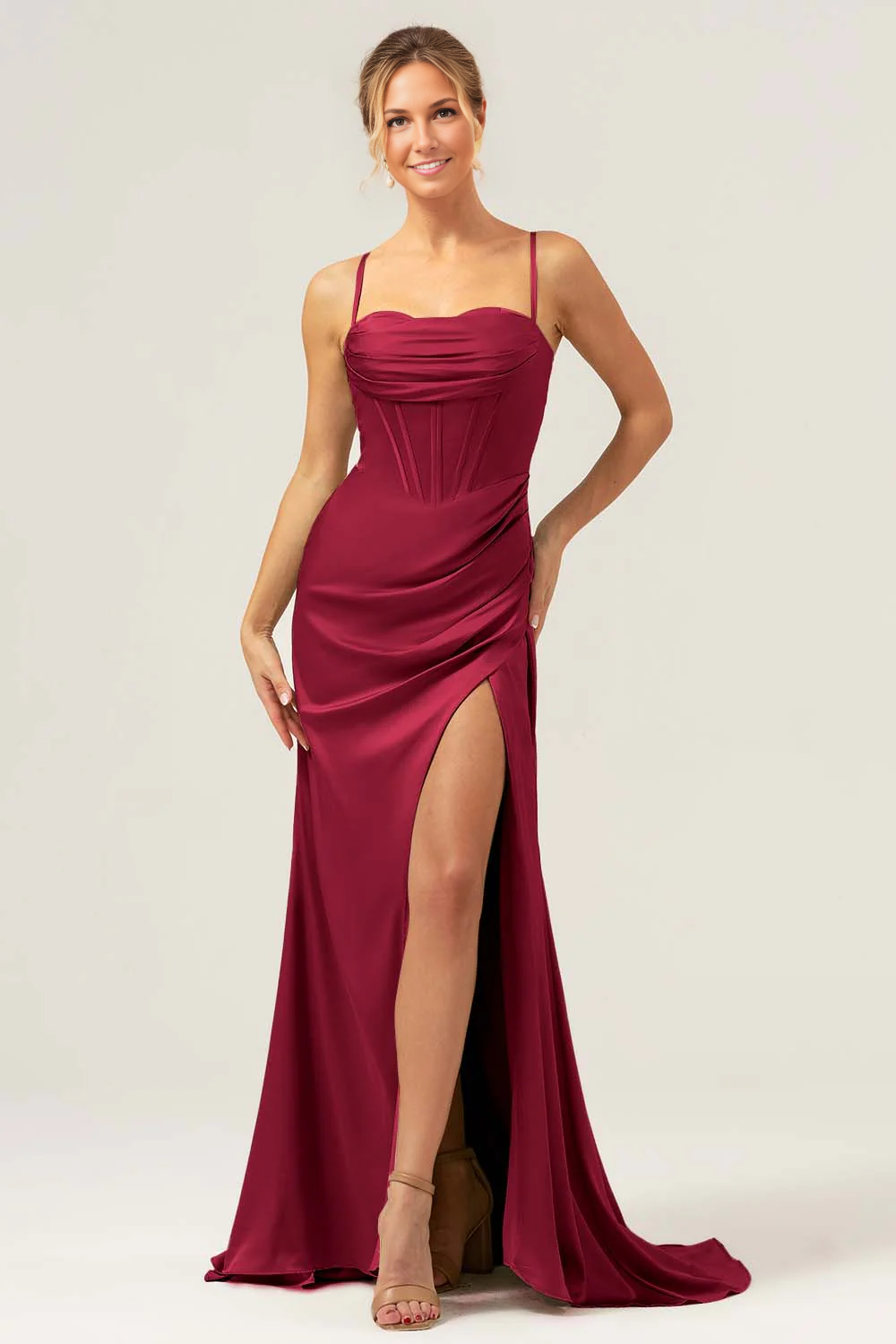 Mermaid Sweetheart Spaghetti-Strap Satin Floor-Length Corset Slit Bridesmaid Dress