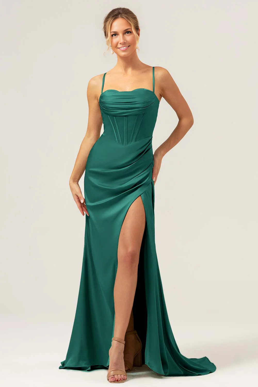 Mermaid Sweetheart Spaghetti-Strap Satin Floor-Length Corset Slit Bridesmaid Dress