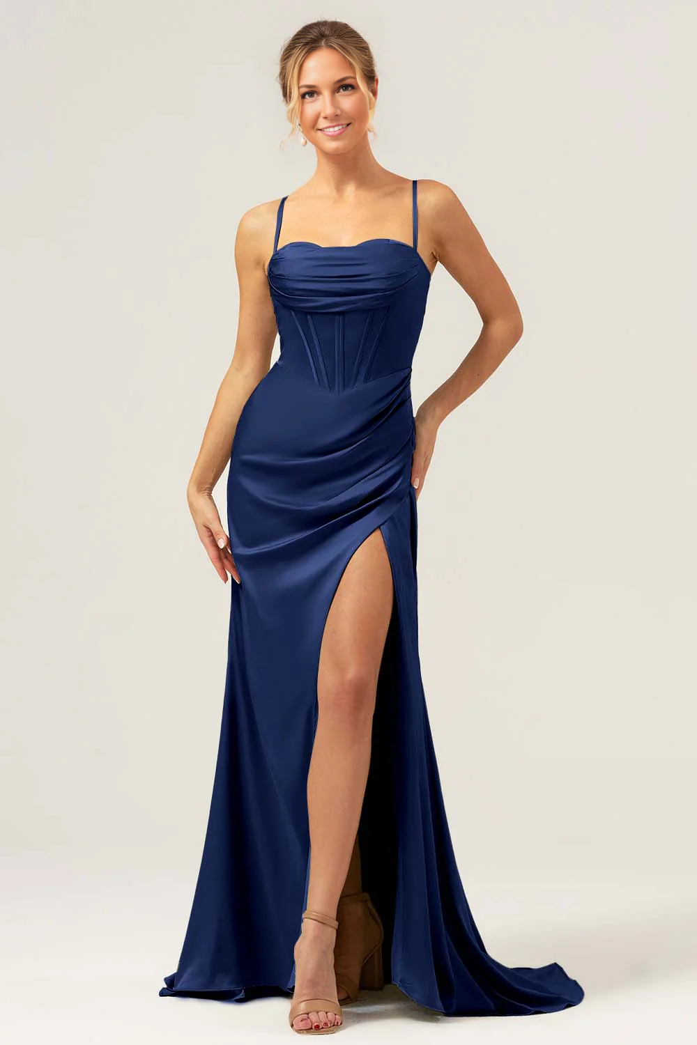 Mermaid Sweetheart Spaghetti-Strap Satin Floor-Length Corset Slit Bridesmaid Dress