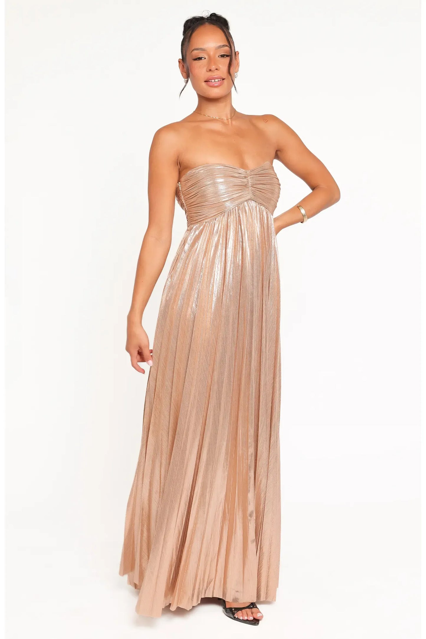 Metallic Maxi Strapless Twist Ruched Open Back Flowy Formal Dress