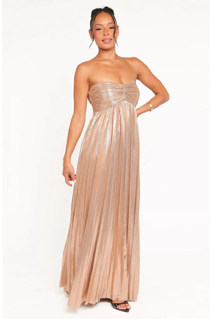 Metallic Maxi Strapless Twist Ruched Open Back Flowy Formal Dress