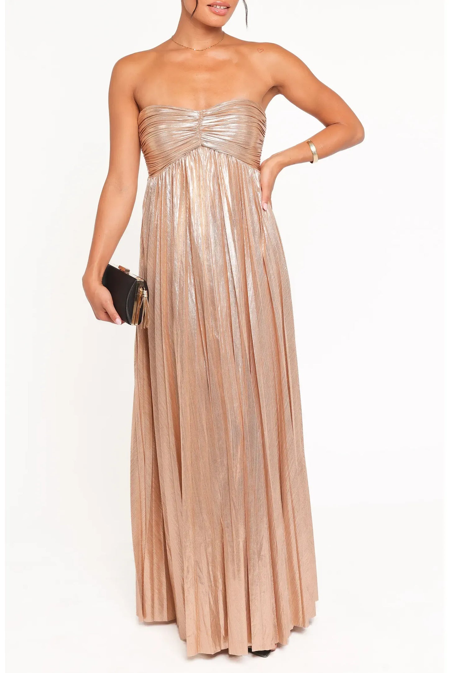 Metallic Maxi Strapless Twist Ruched Open Back Flowy Formal Dress