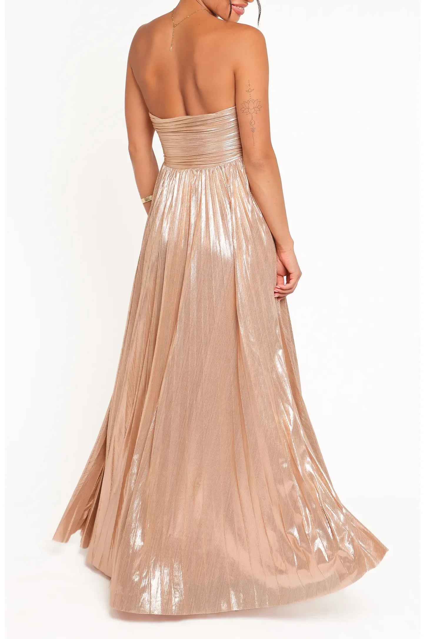 Metallic Maxi Strapless Twist Ruched Open Back Flowy Formal Dress